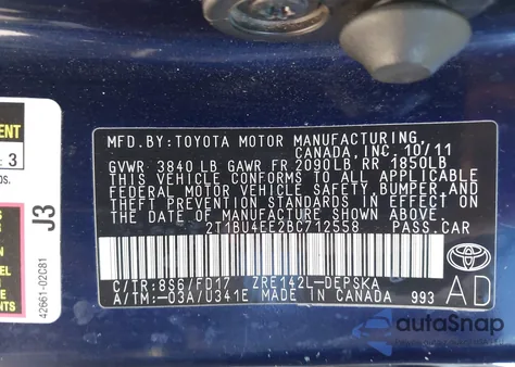 2011 Toyota Corolla S из США, поврежденный, VIN 2T1BU4EE2BC712558